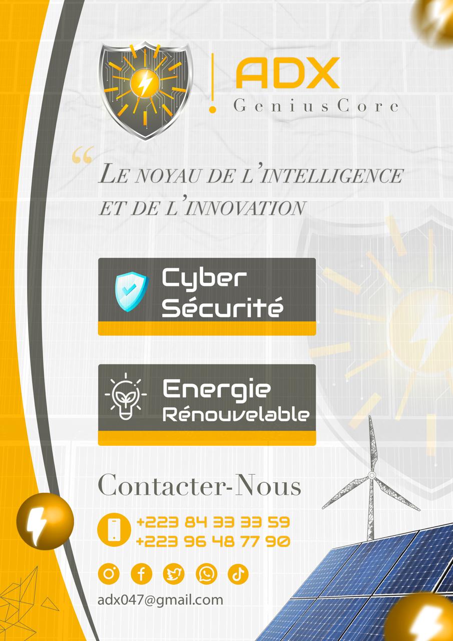Affiche corporate ADX GeniusCore — cybersécurité et énergie renouvelable